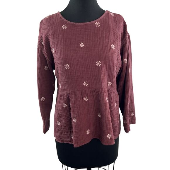 MADEWELL Mulberry Top Floral Crinkled Crew Neck Open Back Drop Shoulder M Medium - Picture 1 of 9